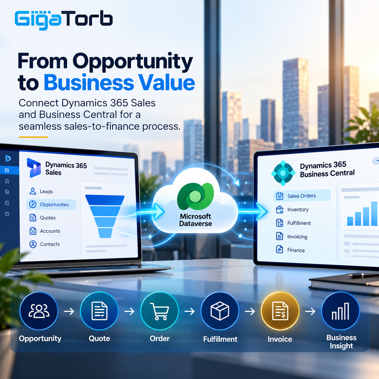 From Opportunity to Business Value: sales data flowing from Dynamics 365 Sales through Dataverse to Business Central