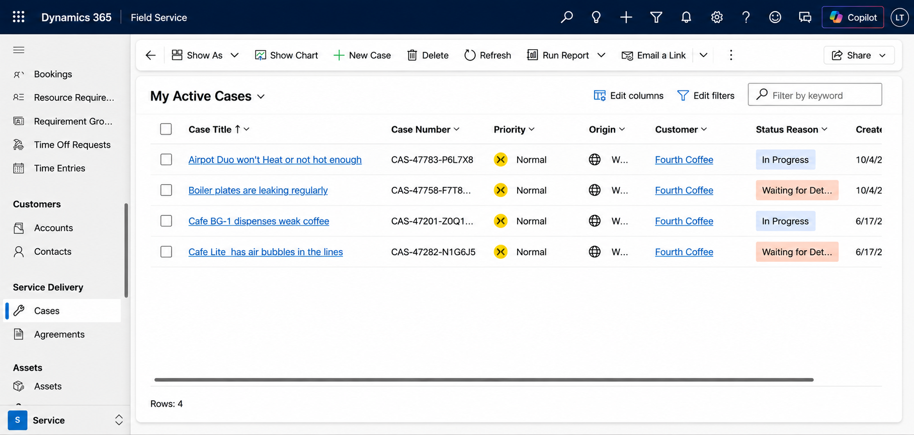 Dynamics 365 Field Service My Active Cases view showing case priority, customer, and status