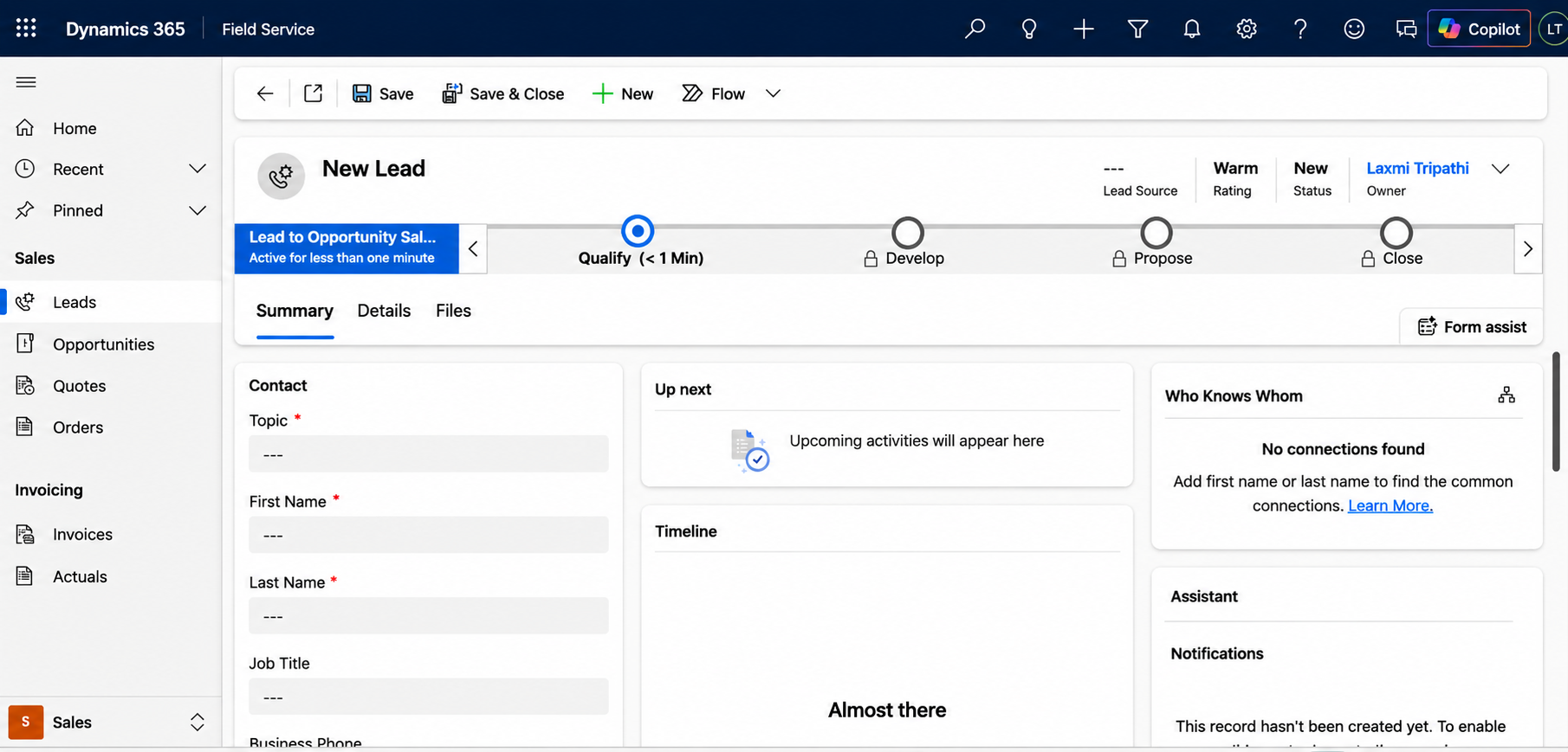 Dynamics 365 New Lead form with the Lead to Opportunity sales process stages
