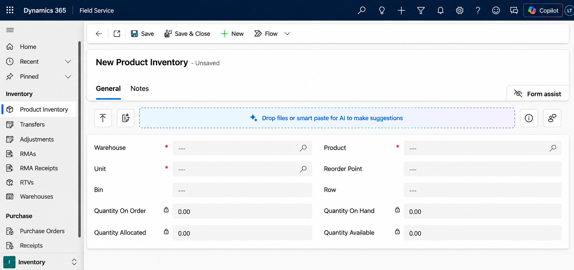Dynamics 365 Field Service New Product Inventory form with warehouse, quantities, and AI smart paste