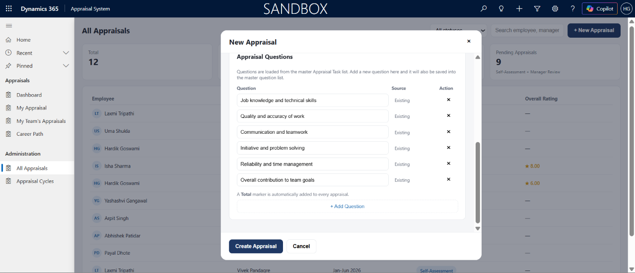 Dataverse data model for the Employee Appraisal System