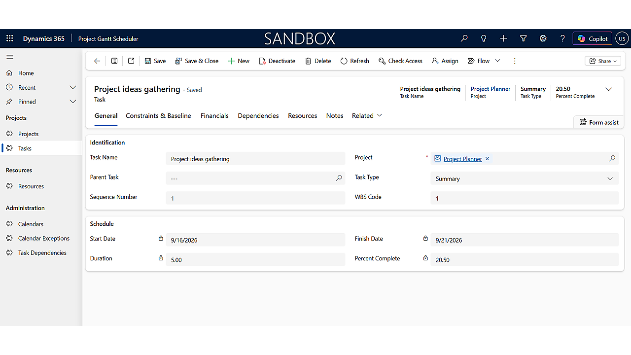 Gantt Project Scheduler task form showing WBS code and Summary task type