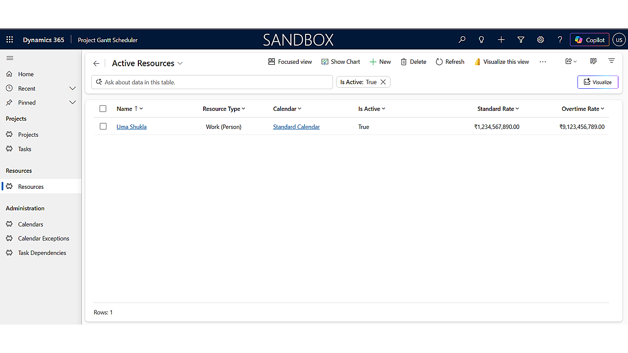 Gantt Project Scheduler active resources list with standard and overtime rates