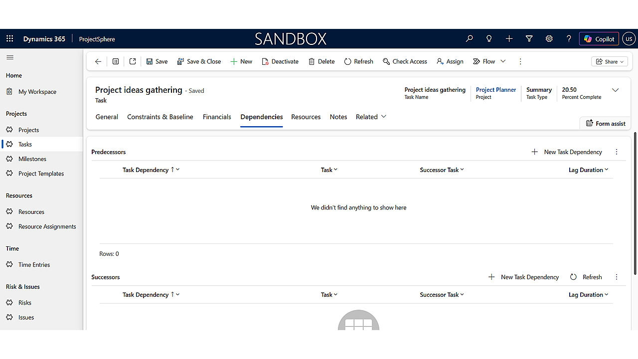 Gantt Project Scheduler task dependencies tab with predecessor and successor validation