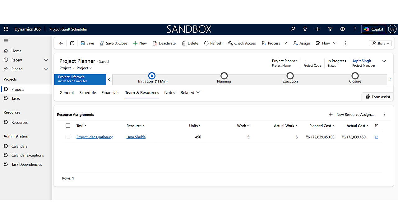 Gantt Project Scheduler resource assignments with planned and actual cost roll-up