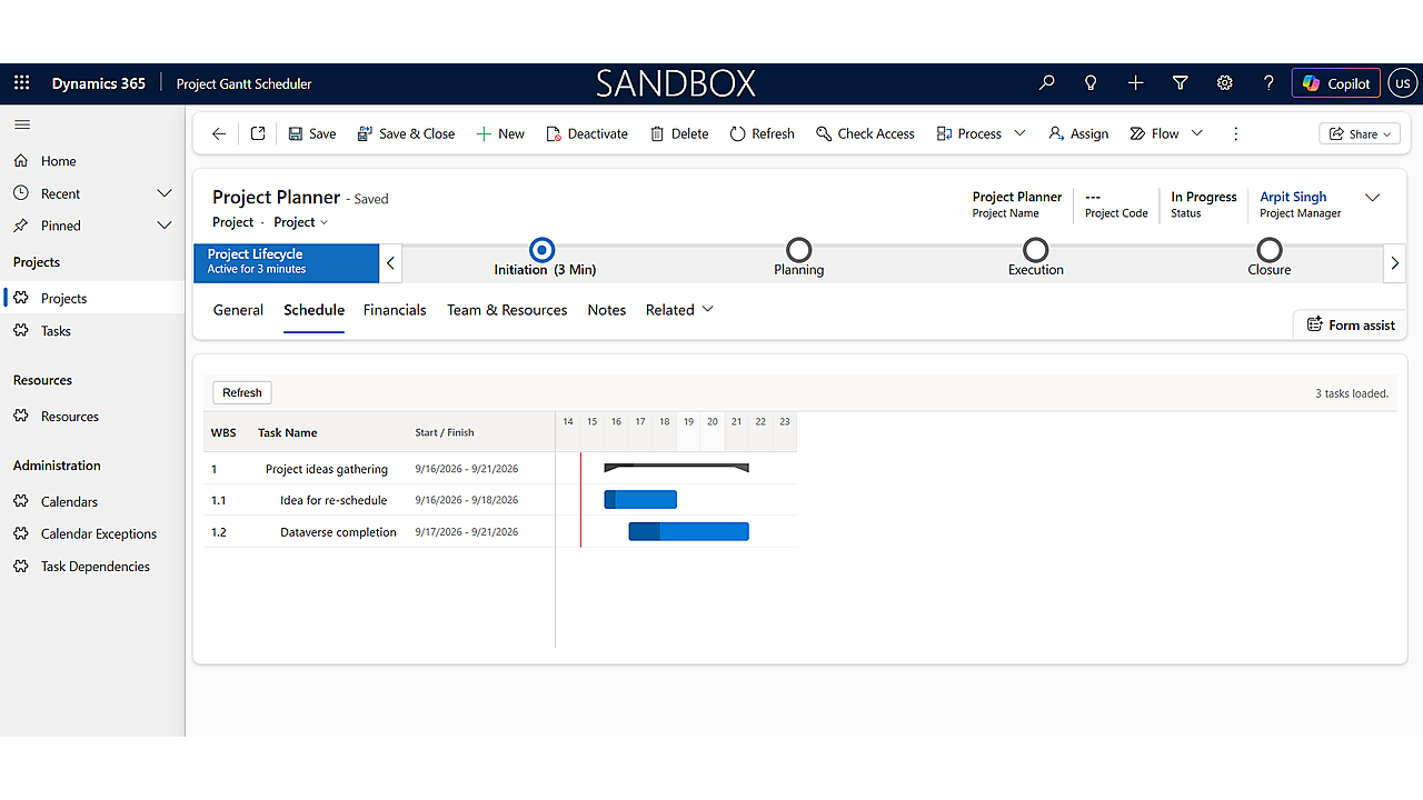 Gantt Project Scheduler project lifecycle and schedule view in Power Apps